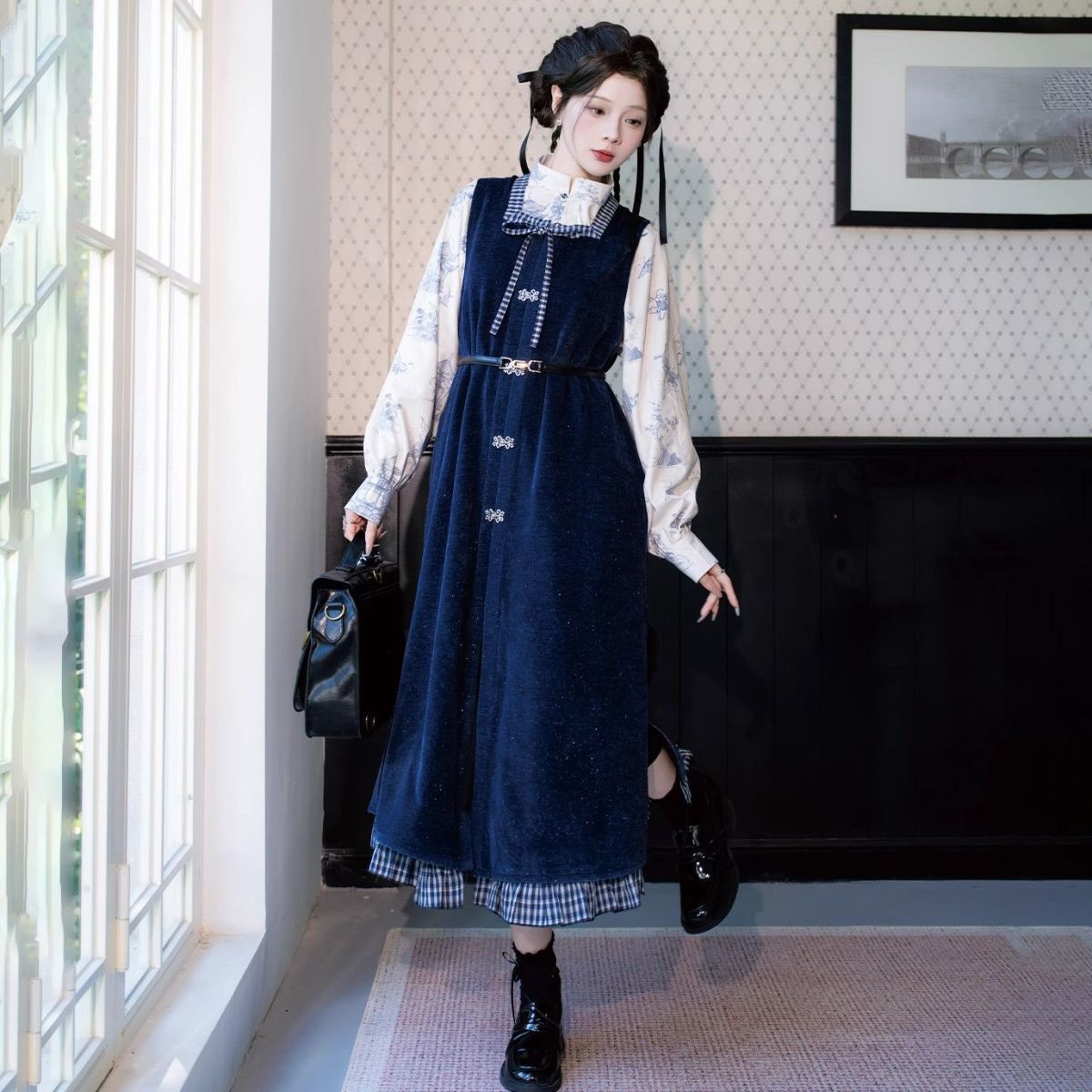 新中式立领对襟长袖短衫绒感套装