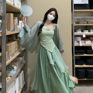新中式女装国风改良汉服汉元素日常小个子绿色连衣裙子三件套装
