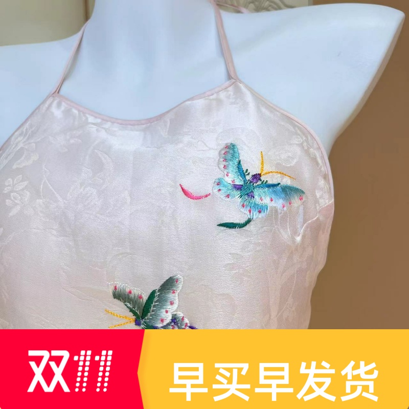 女古风仿真丝大码睡衣绣花肚兜家居服吊带内搭带胸垫中式冰丝