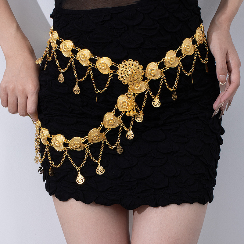 傣族风金属复古钱币腰链女可调节连衣裙腰封蝴蝶花朵流苏腰带