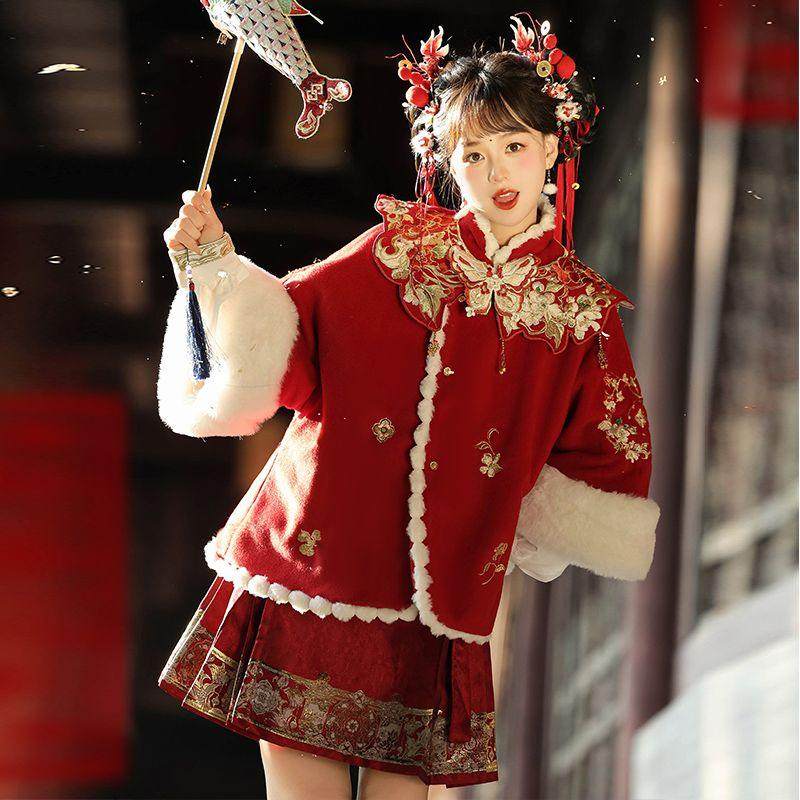 明制汉服女国风古装短袄云肩套装对襟加厚冬款红色新娘婚服汉元素,女装/女士精品,汉服套装,淘宝优惠券,粉丝福利购,淘宝优惠卷