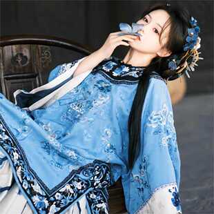 晋商少奶奶女圆领斜襟国风清汉女格格服清代大宅门蓝色摄影旅拍服
