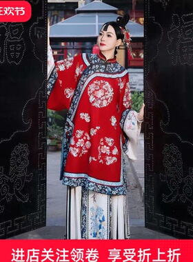 清汉女红色立领斜襟印花套装新中式汉服少奶奶平遥古城新娘媒婆服