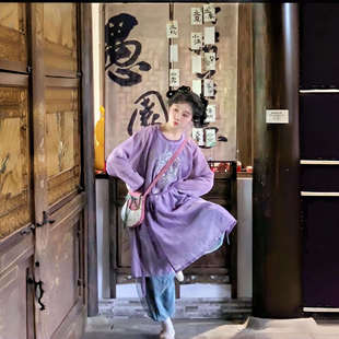 汉服女圆领袍灯笼裤日常可穿国风改良新中式古风复原平民套装紫色