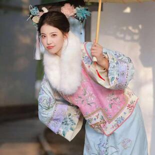 女清朝格格服满族旗袍马甲宫廷风国风汉服套装故宫旅拍粉蓝成人
