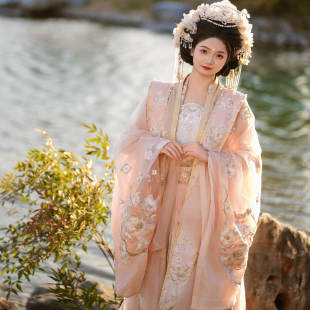 汉服女国风喇叭广袖公主古典舞演出服宋代礼服清平乐粉色珍珠仿妆