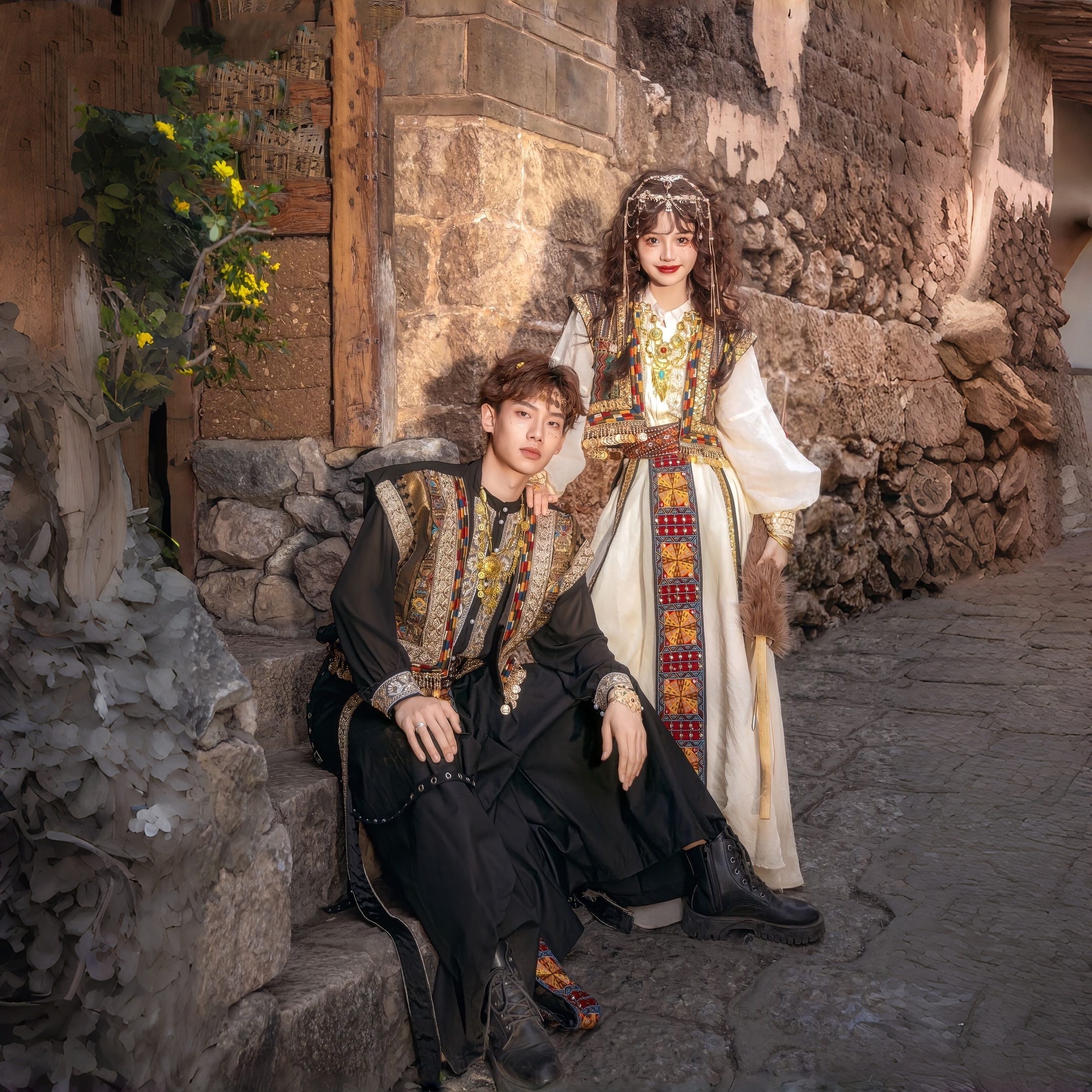 情侣民族风服饰男女款新疆维吾尔族服装黑白套装异域风情旅游旅拍