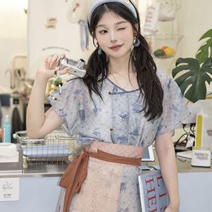 女唐制汉服国风圆领衫唐褙齐腰八破裙日常两件套装三色改良新中式