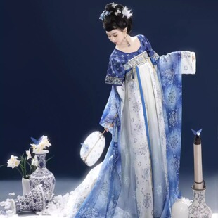 汉服女青花瓷唐制中国风一片式齐胸襦裙宫廷风古代长裙舞蹈服仕女