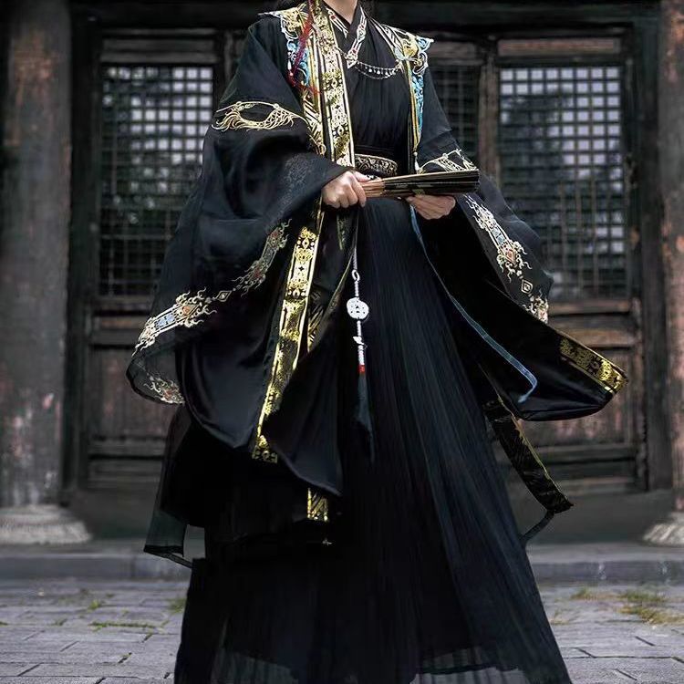 魏晋风新款汉服交领重工刺绣云肩古装cos黑色春夏季男女同款国风