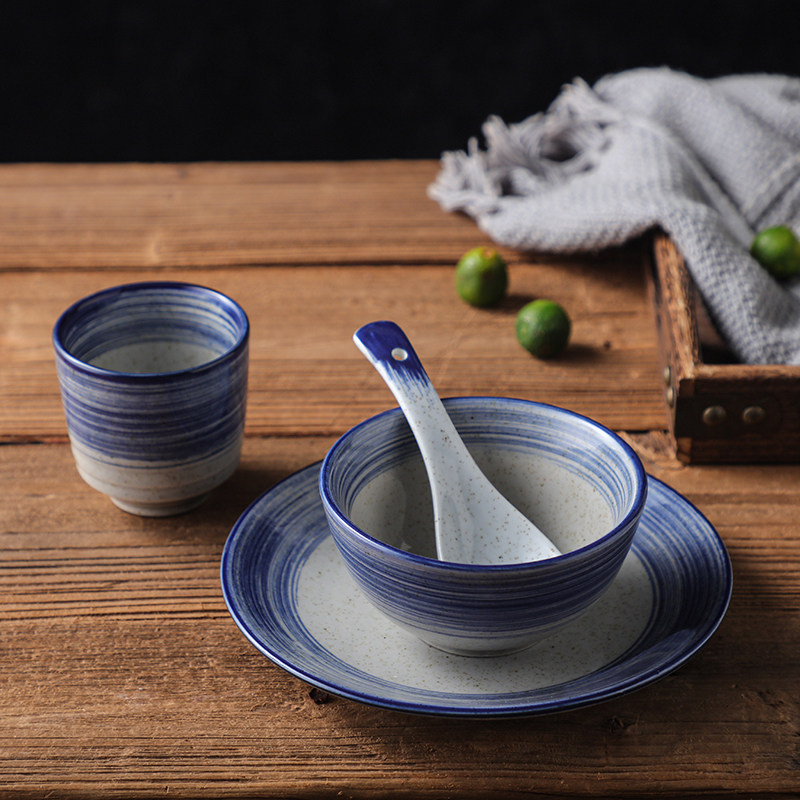 笔扫蓝陶瓷摆台餐具碗盘勺杯四件套装餐厅火锅店酒店家用日式复古,餐饮具,碗,淘宝优惠券,粉丝福利购,淘宝优惠卷