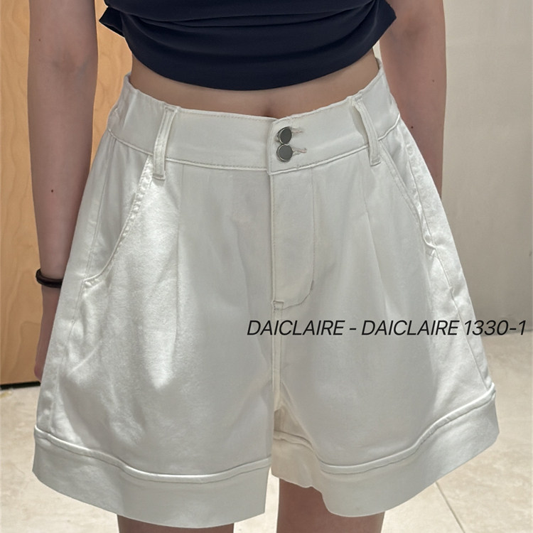 代嘉儿daiclaire牛仔裤女夏季薄款高腰白色弹力A字阔腿短裤1330-1