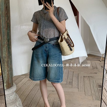 欧文CKLY显瘦薄款夏季阔腿牛仔裤女宽松高腰66568无弹直筒中裤A字