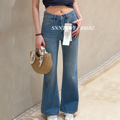 代嘉儿高腰弹力蓝色十分喇叭裤女