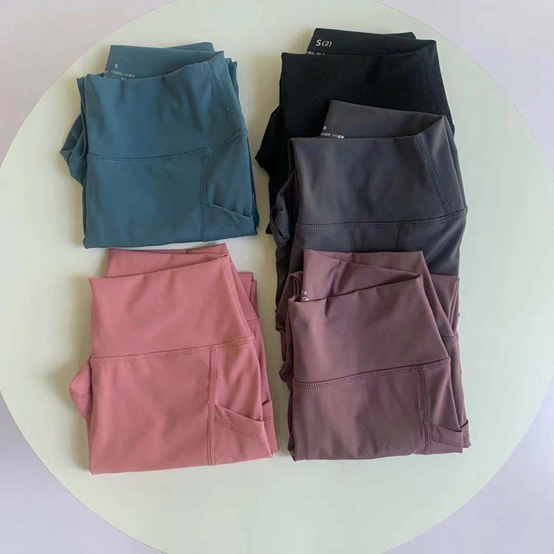 新款口袋五分裸感瑜伽健身高腰提臀弹力裤速干打底紧身短裤骑行裤