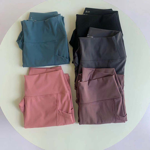 新款口袋五分裸感瑜伽健身高腰提臀弹力裤速干打底紧身短裤骑行裤