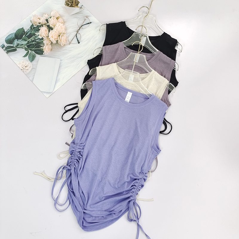 瑜伽背心竹节纱透气宽松圆领速干跑步运动服下摆抽绳显瘦瑜伽罩衫