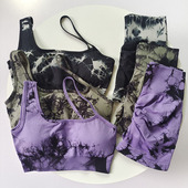 高腰提臀蜜桃运动扎染套装 女防震斜肩瑜伽服跑步定型美背健身两件