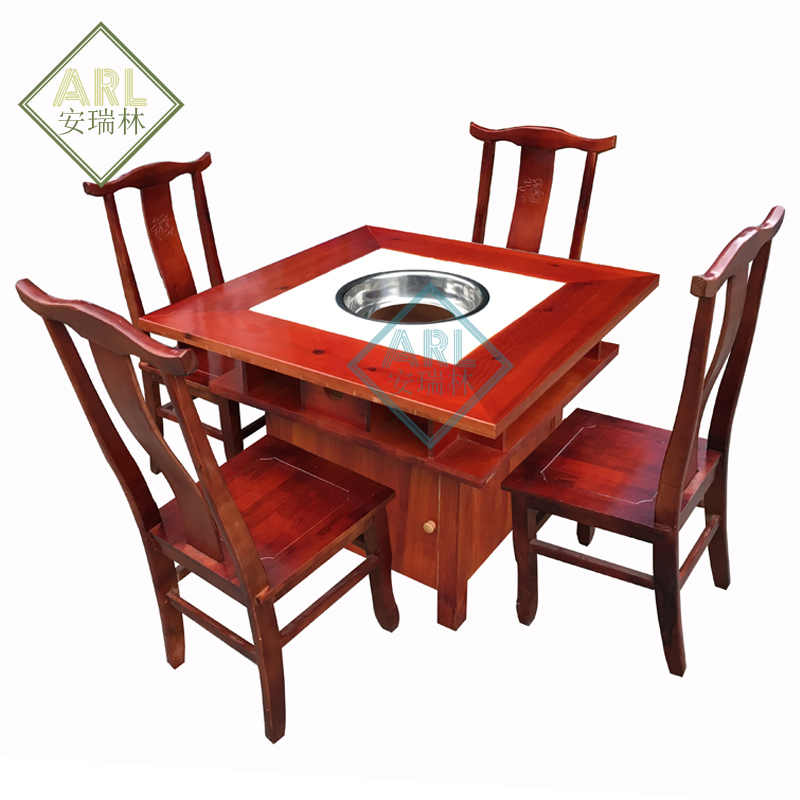 实木大理石方火锅桌红色高档麻辣烫餐桌椅羊肉汤锅串串商用火锅桌