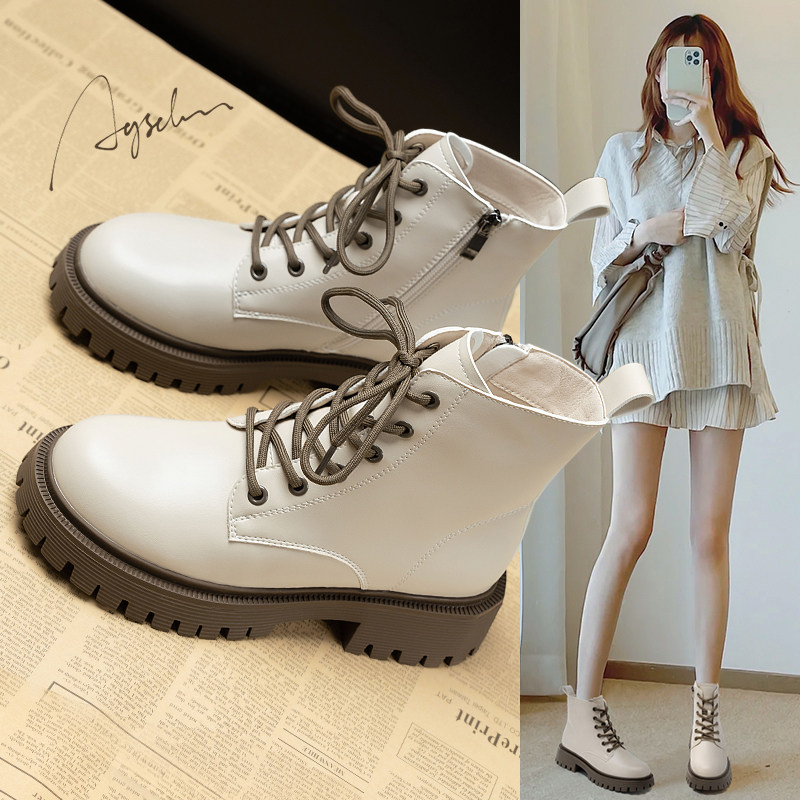 奥古狮登白色马丁靴女2023新款夏季厚底超火英伦风工装短靴机车靴