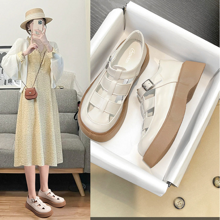 奥古狮登罗马凉鞋女厚底玛丽珍洞洞单鞋2023新款夏百搭法式小皮鞋