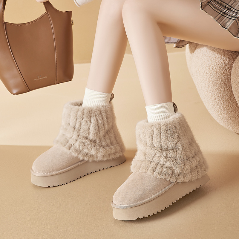 奥古狮登毛毛雪地靴女冬季2025新款加绒加厚短靴中筒裤管厚底棉鞋