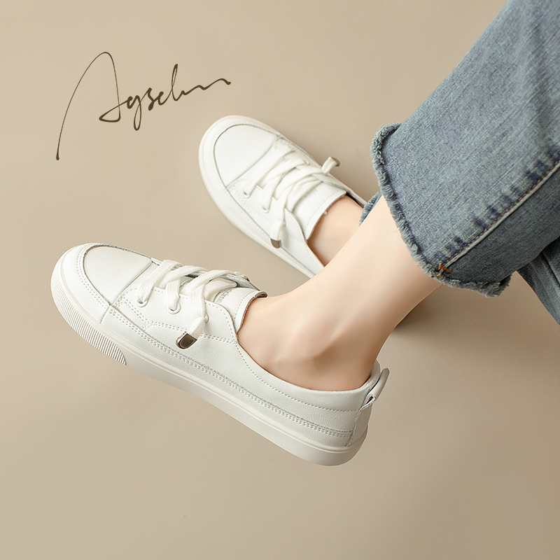 圆头浅口交叉绑真皮小白鞋女