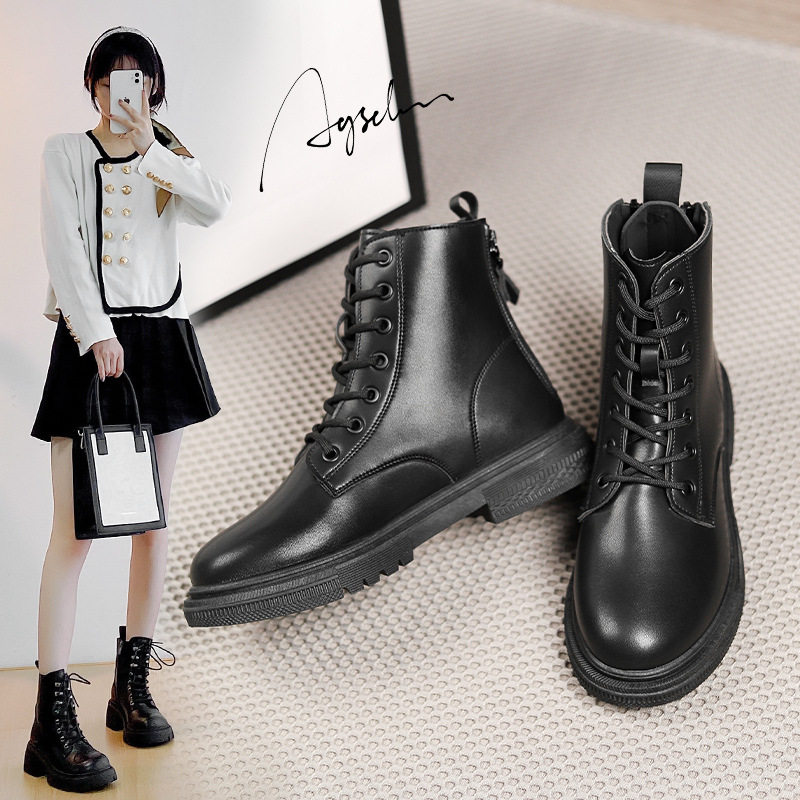 奥古狮登黑色马丁靴女2023新款秋季厚底配裙子低帮工装短靴爆款瘦