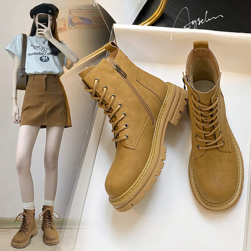 奥古狮登马丁靴女2023年新款秋冬黄色英伦风厚底工装瘦瘦短靴子大