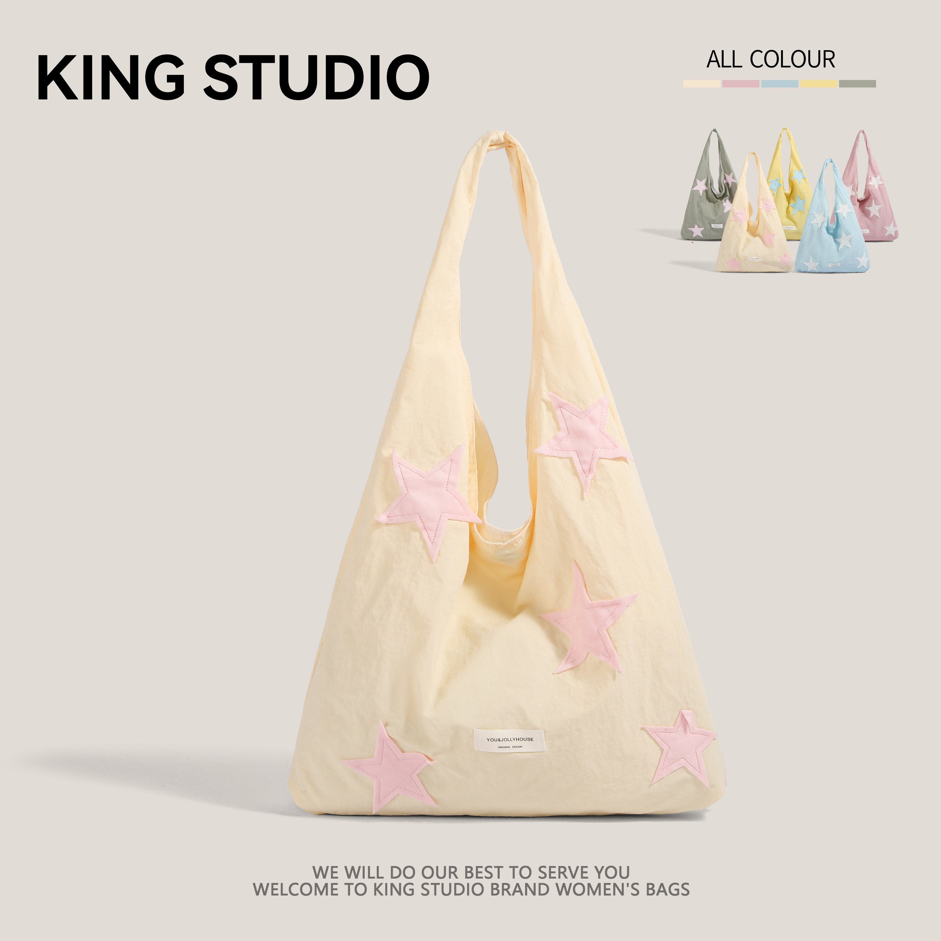 韩系多巴胺撞色星星单肩包女大容量百搭托特包小众简约通勤手提包