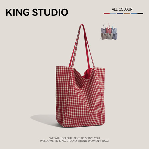 学院风格子帆布包女大容量购物袋