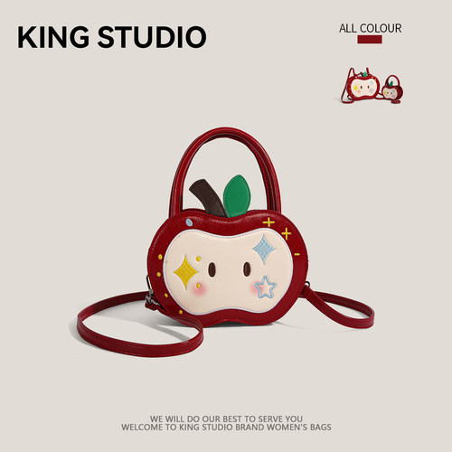 可爱刺绣红色苹果包女百搭手提包