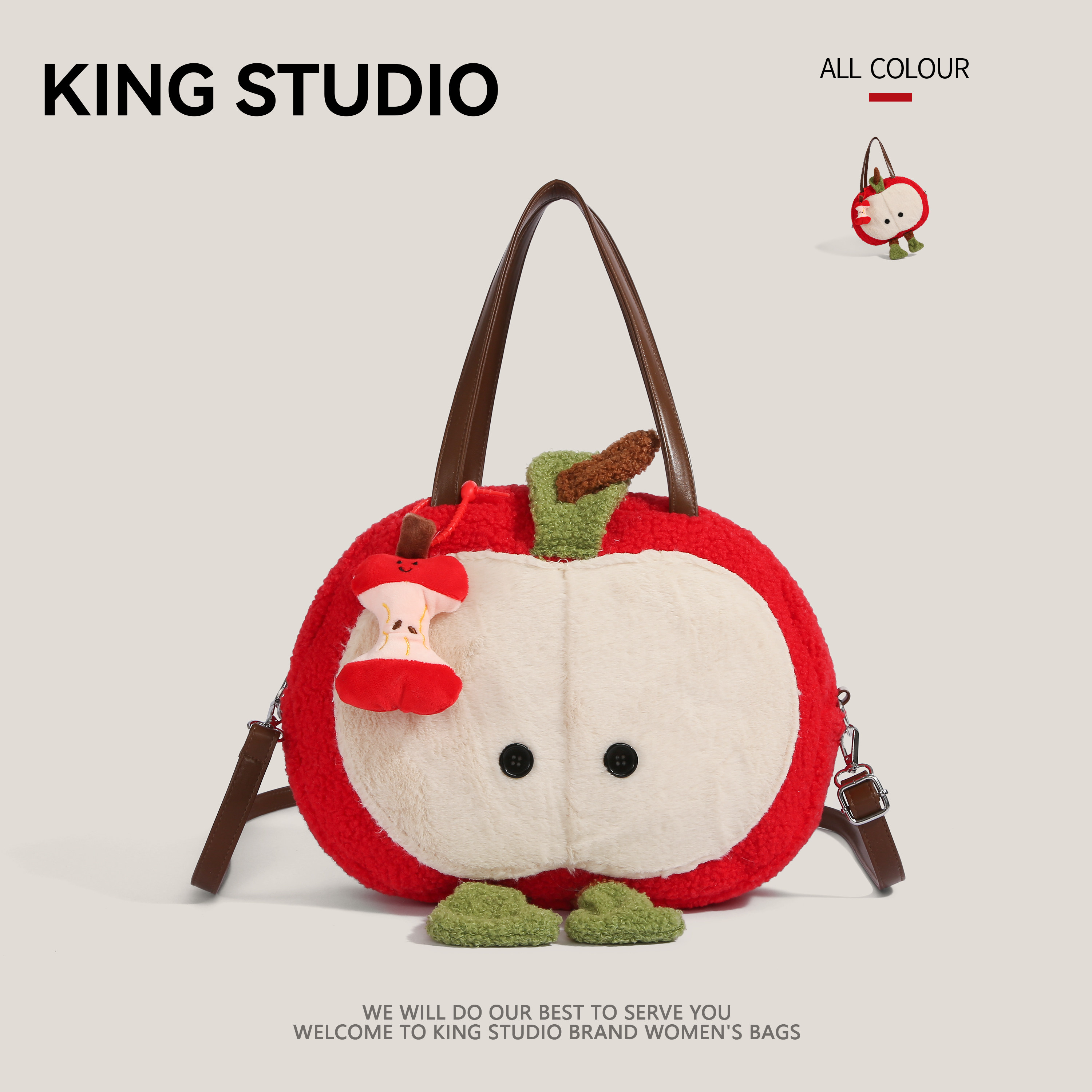 可爱卡通苹果毛绒托特包女2026新款大容量百搭上课通勤单肩斜挎包