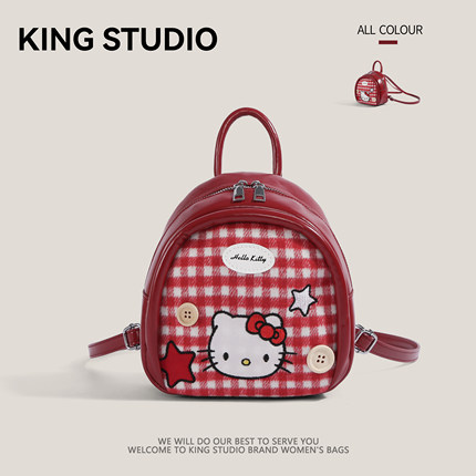可爱hellokitty双肩包女2026新款卡通凯蒂猫小众格纹迷你学生背包