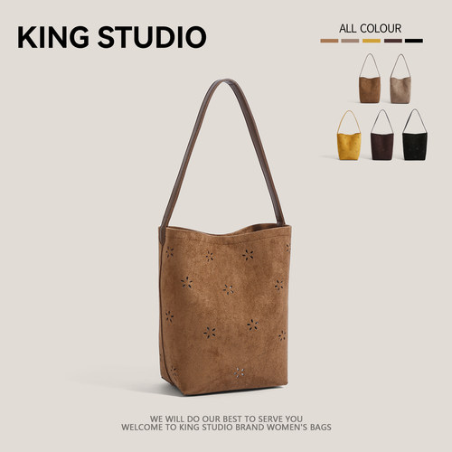 高级感复古麂皮绒包女通勤水桶包