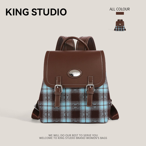 小众复古格纹拼接双肩包时尚背包