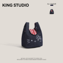 可爱kitty猫刺绣手腕包新款 牛仔布小拎包便携收纳外出撞色手提包