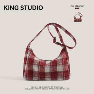 秋冬毛呢格子包女2025新款复古学院风托特包大学生百搭单肩斜挎包