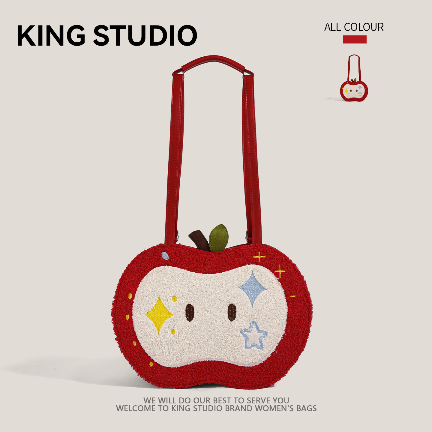 可爱刺绣红色苹果毛绒包包女2026新款百搭手提包大容量单肩双肩包