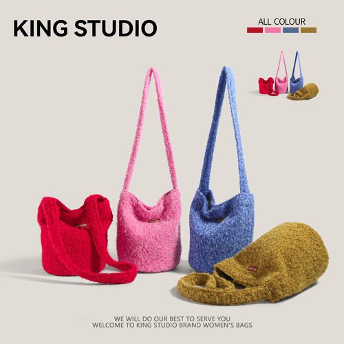 学院风毛呢大容量包包女秋冬2025新款潮时尚韩国水桶包斜挎毛绒包