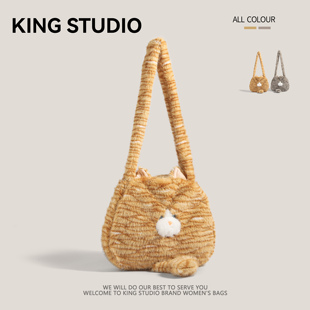 毛绒猫咪包包女2025新款潮可爱托特包大容量单肩包萌趣个性斜挎包