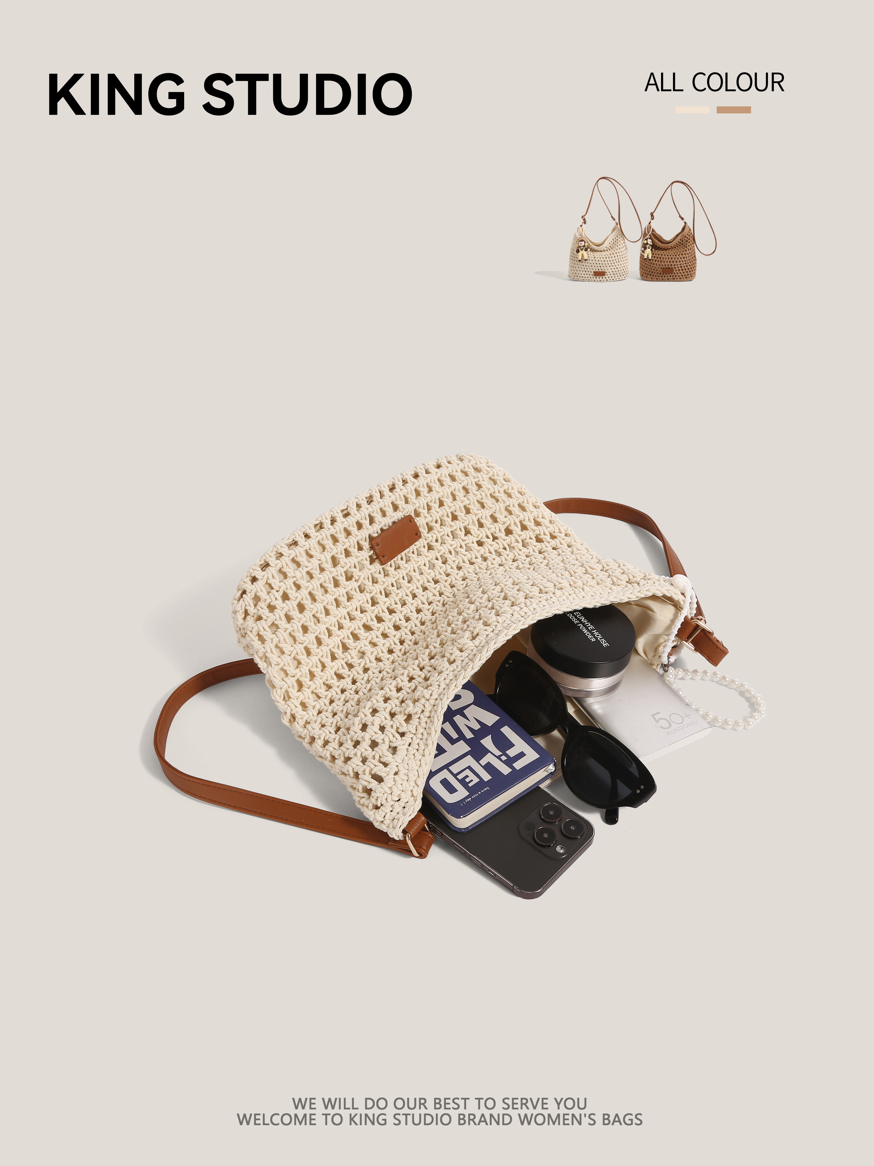 Women's Handmade Cotton Cord Woven Bag, Casual Shoulder Crossbody Beach Tote - Thumbnail 5