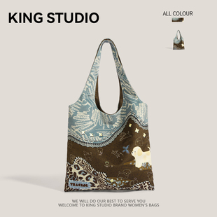 可爱小狗帆布包包女2025新款大容量慵懒单肩包学生上课通勤托特包