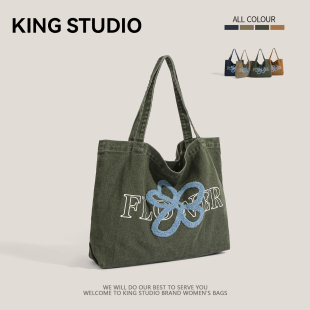 小众设计牛仔帆布包女2025新款刺绣花朵单肩包大容量慵懒风托特包