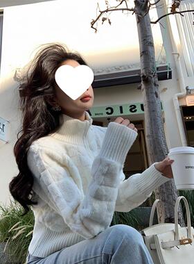 白色短款高领毛衣女春秋开衫修身拉链针织外套小个子港味chic上衣