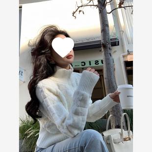 白色短款高领毛衣女春秋开衫修身拉链针织外套小个子港味chic上衣