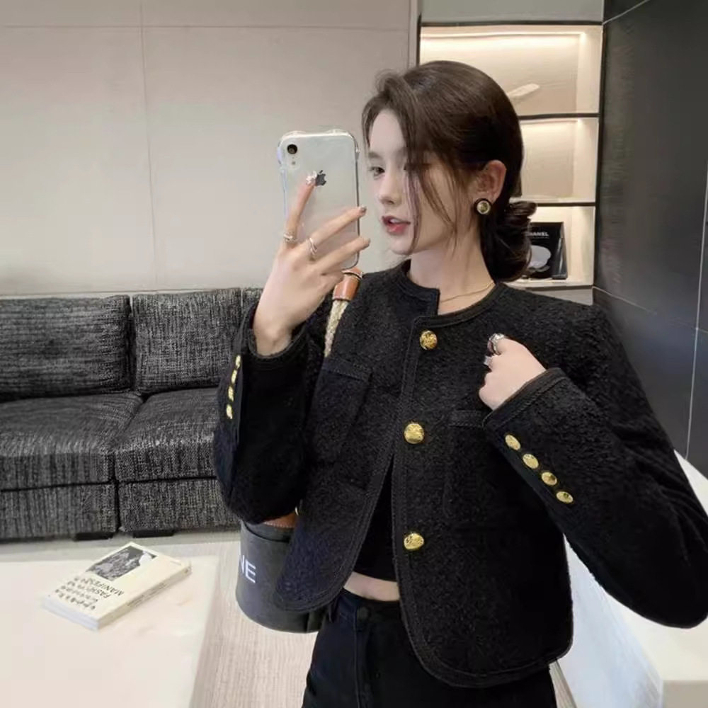 御姐风短款粗花呢开衫女春季2024新款小香风气质名媛优雅黑色外套