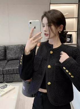 御姐风短款粗花呢开衫女春季2024新款小香风气质名媛优雅黑色外套