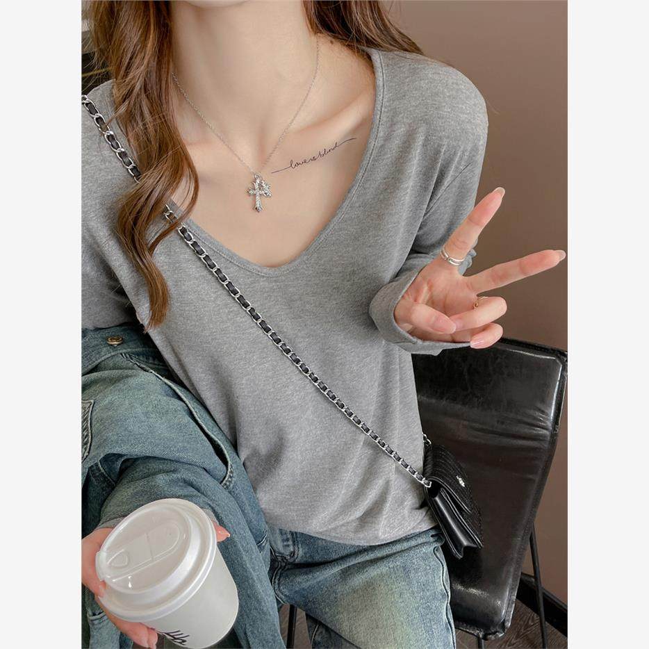 早秋季2024新款v领宽松长袖正肩t恤女内搭打底衫高级感可外穿上衣,女装/女士精品,T恤,淘宝优惠券,粉丝福利购,淘宝优惠卷