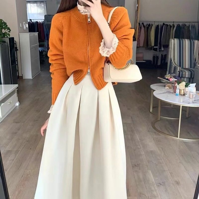早春穿搭套装2024新款减龄双头拉链针织开衫+高腰百褶裙子两件套